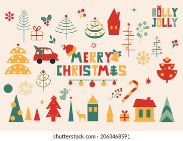 Christmas bundle with cute Santa, gifts, decorations, and cozy winter accessories. Merry Christmas and happy new year vector Illustration.  Set for greeting card, poster, party decor, banner. 