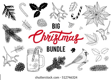 Christmas Bundle. Hand drawn set with Christmas decorations. Isolated on white background.