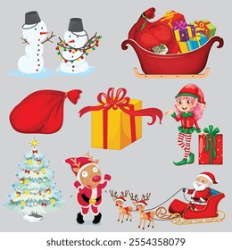 Christmas bundle illustration vector pack with isolated object. EPS Formatted. Perfect for holiday-themed projects, these charming illustrations will add a joyful touch to your designs.