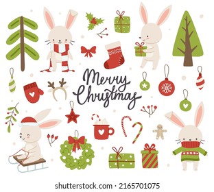 Christmas bunnies and festive decoration set. Winter rabbits collection with calligraphy lettering. New year stickers bundle.