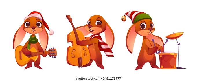 Navidades conejitos tocando instrumentos musicales sobre fondo blanco. Ilustración de dibujos animados de Vector de conejos de vacaciones con orejas largas tocando guitarra, contrabajo, tambor, mascotas de festival de invierno