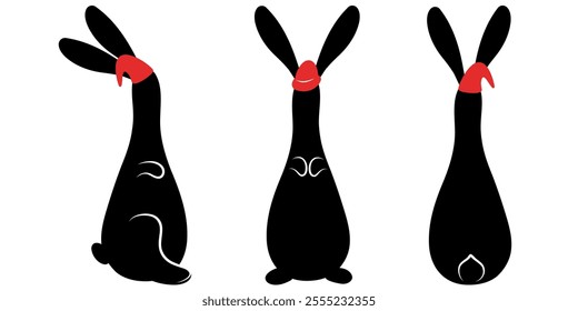 Christmas Bunnies Set, Three Rabbits Wearing Red Christmas Hats, Sitting Rabbits