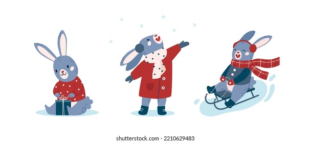 Christmas bunny character. Flat vector illustration.