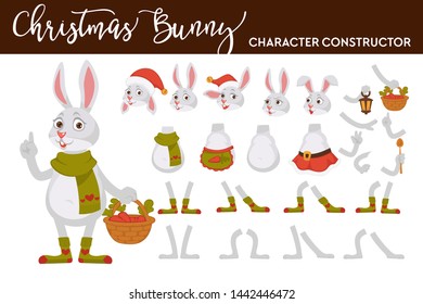 Christmas bunny character isolated body parts and accessory vector hare or rabbit with wicker basket and scarf head and paws clothes socks and carrots lantern and Santa hat spoon and apron or skirt.