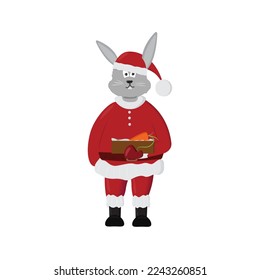 Christmas bunny dressed as Santa Claus with a box of gifts on a white background