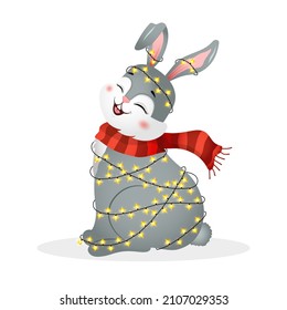 Christmas bunny with garland. Year of rabbit. Chinese New year 2023 symbol. Vector illustration in cartoon style. Design element for greeting cards, holiday banner, decor.