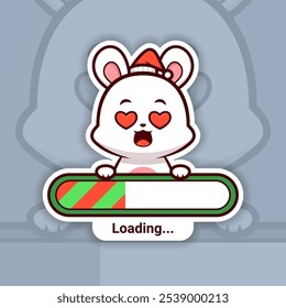 Christmas Bunny with Heart-Shaped Eyes Holding a Loading Bar, Cute Vector Sticker Design