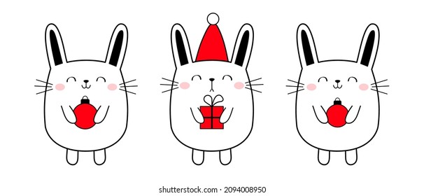 Christmas bunny holding gift box, xmas ball toy. Merry Christmas Happy New Year. Cute cartoon kawaii pet set. Santa Claus red hat. Doodle line rabbit hare. Flat design. White background. Vector