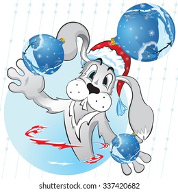 Christmas Bunny juggles Christmas toys. Christmas card.