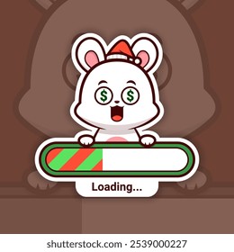 Christmas Bunny with Money Eyes Holding a Loading Bar, Cute Vector Sticker Design