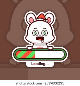 Christmas Bunny with Money Eyes Holding a Loading Bar, Cute Vector Sticker Design