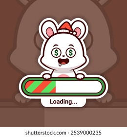 Christmas Bunny with Money Eyes Holding a Loading Bar, Cute Vector Sticker Design