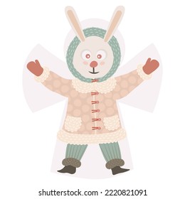 Christmas bunny in pale pink colors. Winter rabbit making butterfly in snow. New Year kids  sticker. Greeting and invitation cards. Seasonal festive decorations