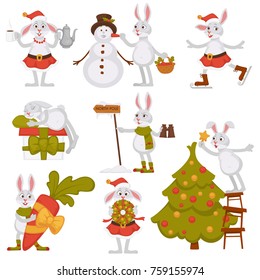 Christmas bunny rabbit Santa cartoon character vector icons winter holiday greeting card
