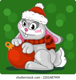 Christmas bunny in santa hat with 
christmas ball. Chinese New year 2023 symbol. Vector illustration in cartoon style. Design element for greeting cards, holiday banner, decor. Little Rabbit Characte