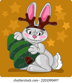 Christmas bunny in santa hat with Christmas tree. Chinese New year 2023 symbol. Vector illustration in cartoon style. Design element for greeting cards, holiday banner, decor. Little Rabbit Character