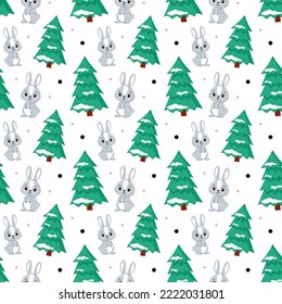 Patrón de conejito de Navidad sin costura. Árbol de Navidad y conejo. Ilustración vectorial para fondos, cubiertas y embalaje. La imagen se puede usar para tarjetas de felicitación y textiles. Aislado sobre fondo blanco.