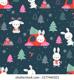 Patrón de conejito de Navidad sin costura. Huellas de nieve de invierno impresas, navidad bebés textil textura. Viaje de conejos cortos con árbol de navidad y regalos hoy fondo vectorial