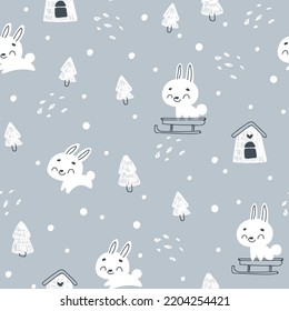 Christmas bunny, tree and snow. New Year. seamless pattern for paper, wrapping, clothing, textile, wallpaper. Vector illustration