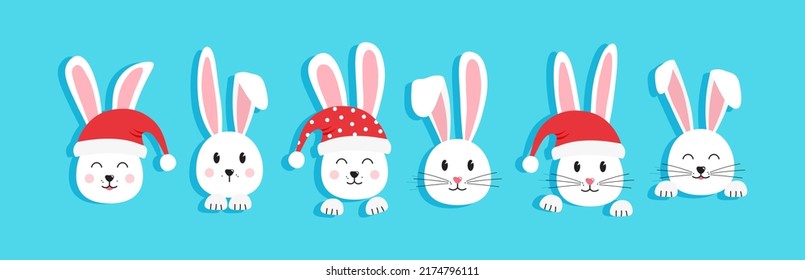 Christmas bunny vector icon, rabbit in Santa Claus hat. Symbol New Year 2023 on blue background. Cute animal holiday illustration