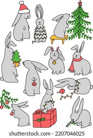 Christmas bunny vector set. Rabbit's holiday illustration.