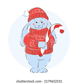 Christmas bunny in winter hat and pullover with candy. Year of rabbit. Merry Christmas and Happy New Year. Vector illustration. 