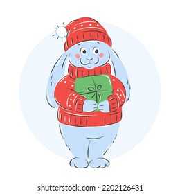 Christmas bunny in winter hat and pullover with gift. Year of rabbit. Merry Christmas and Happy New Year. Vector illustration. 