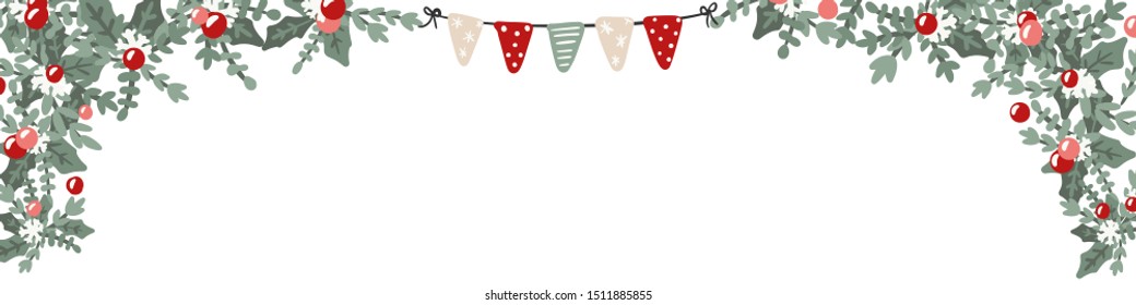 Christmas bunting shop header, banner design with copy space in red and olive green colours. December long horizontal design with holiday decoration with flags on a string with tie. 