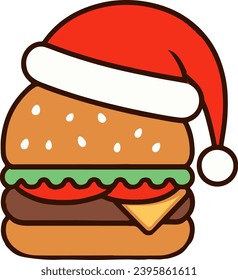 Christmas burger vector. Simple burger wearing a santa hat.