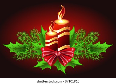 Christmas burning candle with bow and fur tree