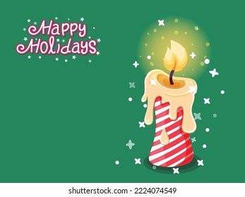 Christmas Burning candle vector with Happy Holidays text effects. Symbol of happy new year, christmas celebration, winter. Vector card flat design. New Years and Christmas