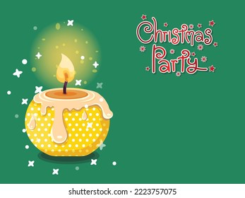 Christmas Burning candle vector with Christmas Party text effects. Symbol of happy new year, christmas celebration, winter. Vector card flat design. New Years and Christmas