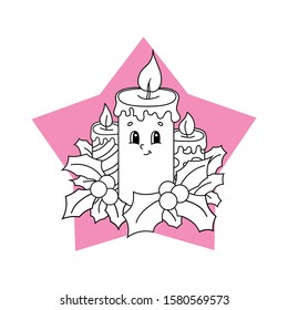 Christmas burning candles decorated with holly leaves. Black and white coloring page for children. Cute cartoon character. Flat vector isolated illustration.