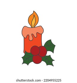  Christmas burning candles decorated with holly leaves. Cartoon character. Vector illustration. Black contour silhouette. Isolated on white background