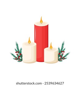 Christmas burning candles with fir branches and red berries. Vector illustration.