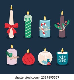 Christmas burning candles set in cartoon flat style. Christmas and New Year decorations