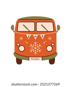 Christmas bus with garland and snoflake. Cute naive illustration with retro transport. Cartoon clip art for New Year card, Chrismas postcard. Flat Design. Winter Holidays. 