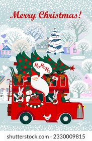 Christmas bus. Merry Christmas greeting card design. Happy New Year festive bus with cute cartoon animals: deers, rabbit bunny. Flat illustration. For print, poster, calendar, textile, souvenirs, card