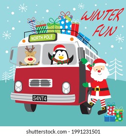 Christmas bus and santa illustration for christmas greeting card