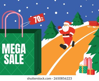 Banner de negócios de Natal banner de evento de venda, promoção de saco de compras de Natal com ilustração do Papai Noel, oferta de comércio festivo amigável e bonito com gráfico de fundo de Natal para marketing