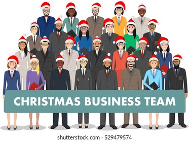 Christmas business team. Group of business men and women standing together in Santa Claus hats on white background in flat style. Teamwork concept. Different nationalities and dress styles.