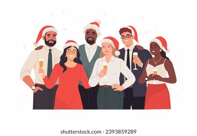 Christmas Business Team. Vector cartoon flat illustration of diverse young adult people in business outfits and Santa hats, standing together with wine glasses. Isolated on a white background