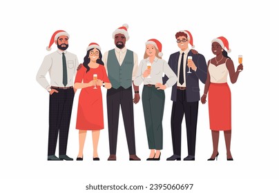 Christmas Business Team. Vector cartoon flat illustration of diverse young adult people in business outfits and Santa hats, standing together with wine glasses. Isolated on a white background