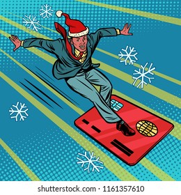 Christmas Businessman And Bank Card. Speed Extreme Sports. African American People. Comic Cartoon Pop Art Retro Vector Illustration Drawing