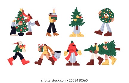 Christmas bustle. Winter shopping. Family preparing and celebrating holiday. People with New Year gifts. Man happily carries Xmas fir tree. Woman holding present boxes. Vector festive characters set