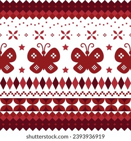 Christmas butterfly geometric seamless pattern. Red and white pixel pattern with nordic style for winter textile and wrapping paper, geometric christmas elements seamless striped pattern background