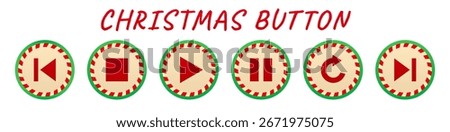Christmas buttons for media player in candy cane style. New Year multimedia icon set
