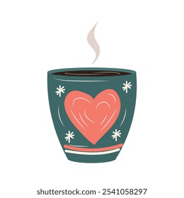 Christmas cacao in cute cup in flat design. Hot drink in mug with heart print. Vector illustration isolated.