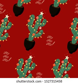 Christmas cacti. New Year seamless pattern.