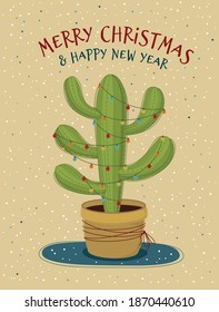 Christmas Cactus decorated with garland. Vector Christmas and new year card, template, poster 